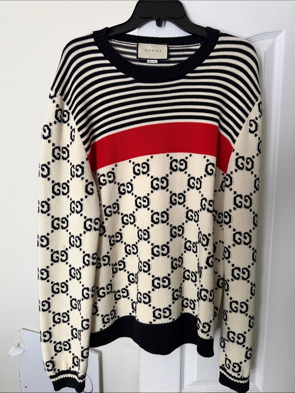 Gucci Cream, Black & Red GG Logo Crew Sweater